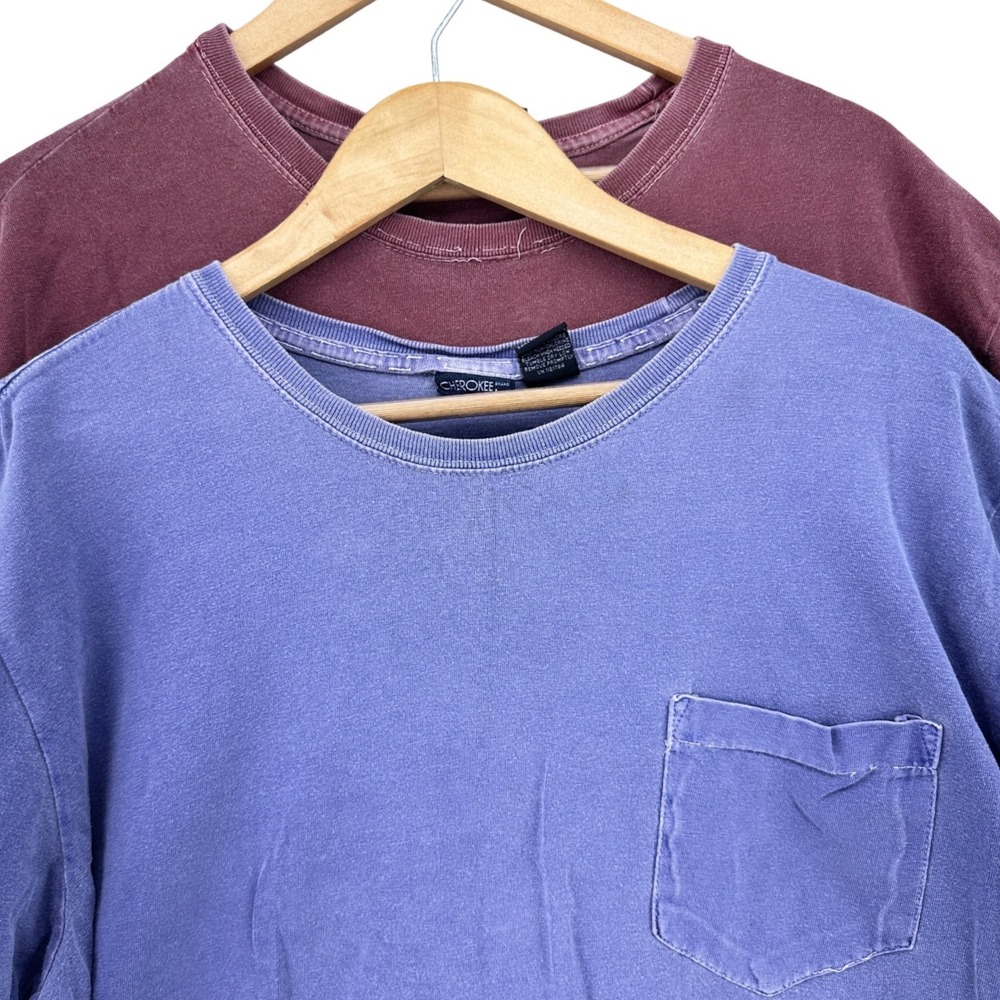 VTG Lot of 2 Cherokee Cotton Pocket T-Shirts Blue/Purple Coral Red SOFT Boxy